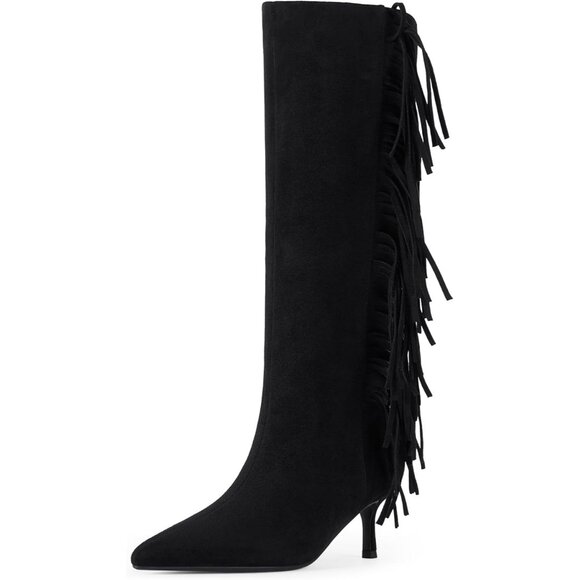 Shoes - Women Suede Black Knee High Boots Kitten Heels Tall Pointed Toe Long Boots